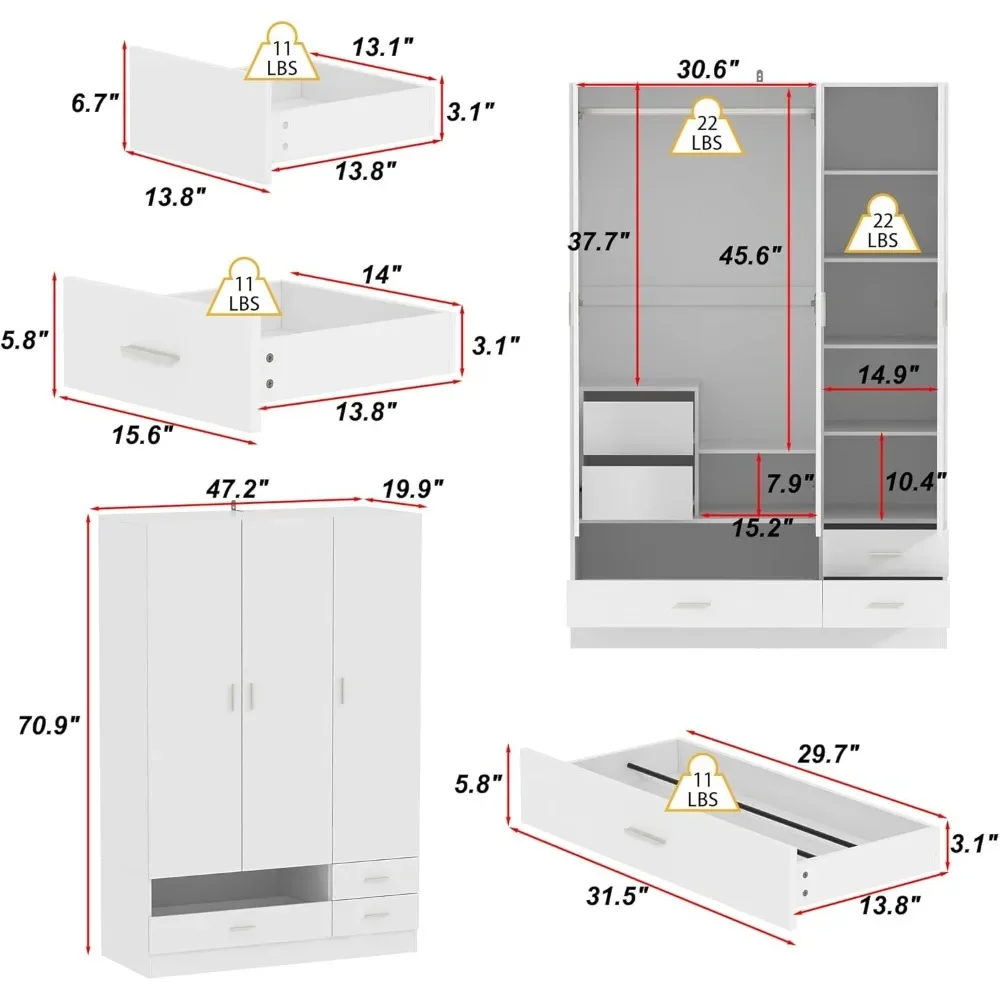 White Large Wardrobe Armoire with 4 Drawers, Open Shoe Storage Compartment & Hanging Rod, 47.2