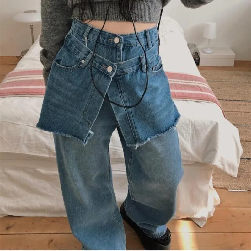 Neploe Fake Two Piece Vintage Denim Blue Pants Y2k High Waist Straight Jeans for Women 2024 Summer New Loose Wide Leg Pants