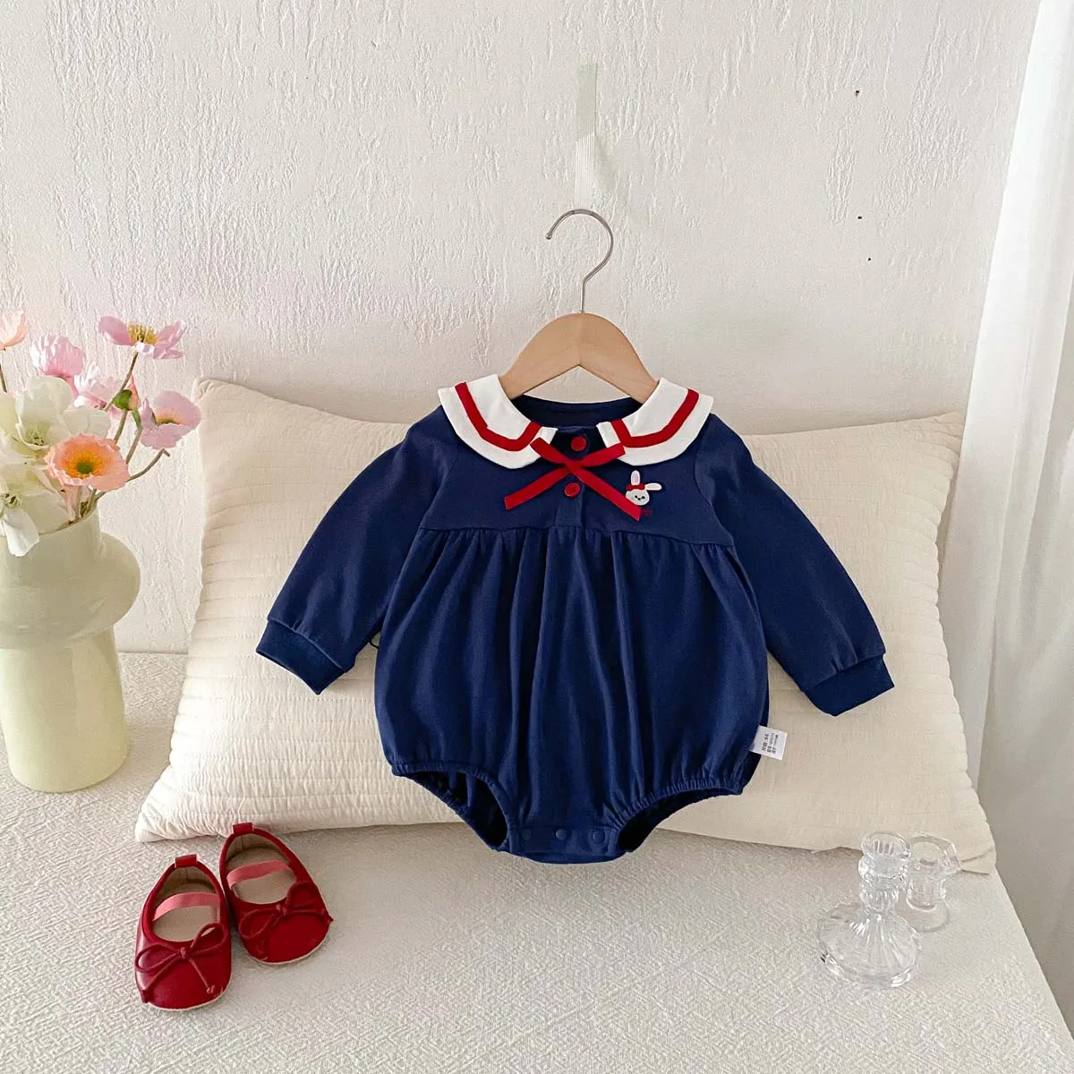 Spring and Autumn Baby Girl Cute Doll Collar Rabbit Embroidery Long Sleeve Triangle Jumpsuit, Baby Girl Navy Style Long Sleeve Jumpsuit