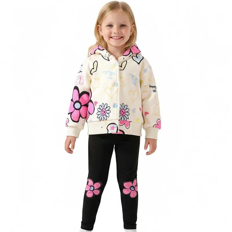 

3-7 Years Children Girls Flower Printed Pant Suit Hoodie Tracksuit Autumn Winter Baby Girl Kid Sport Two Pieces Set