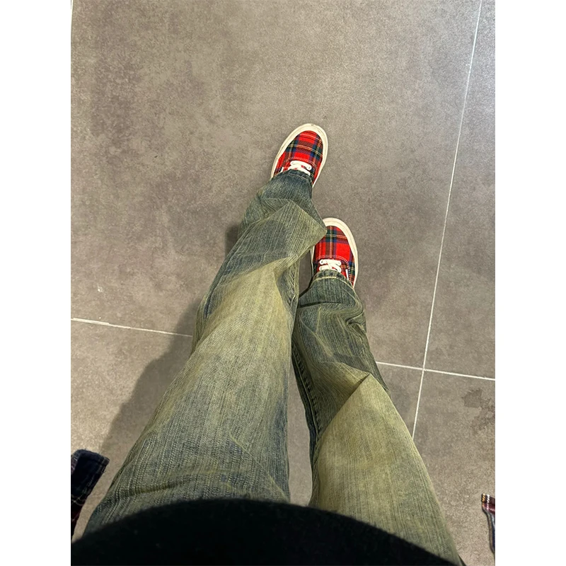 

Retro Blue Bamboo Texture Men's Jeans Washed American Style Slim Straight Leg High Waist Zipper Fly Casual Straight Leg Jeans