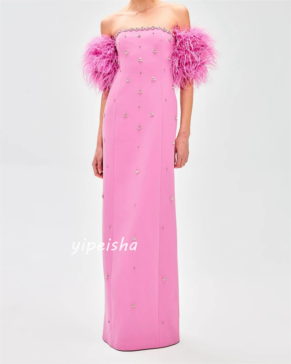 Jersey Sequined Feather Ruched Birthday A-line Off-the-shoulder Bespoke Occasion Gown Long Dresses