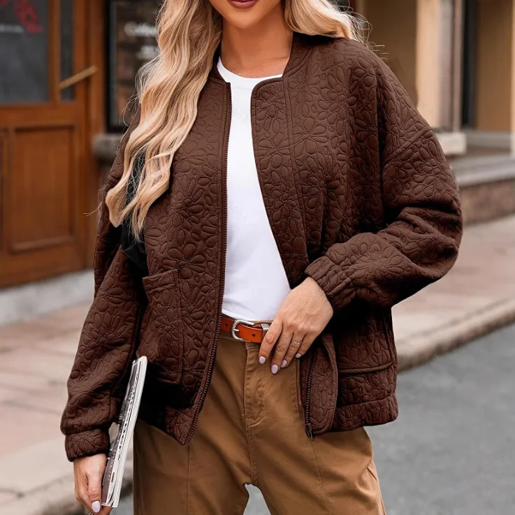 Solid Jackets O Neck Women Jacket Zipper Cardigan Coat Long Sleeve Spliced Outerwear Regular Pockets High Street Autumn