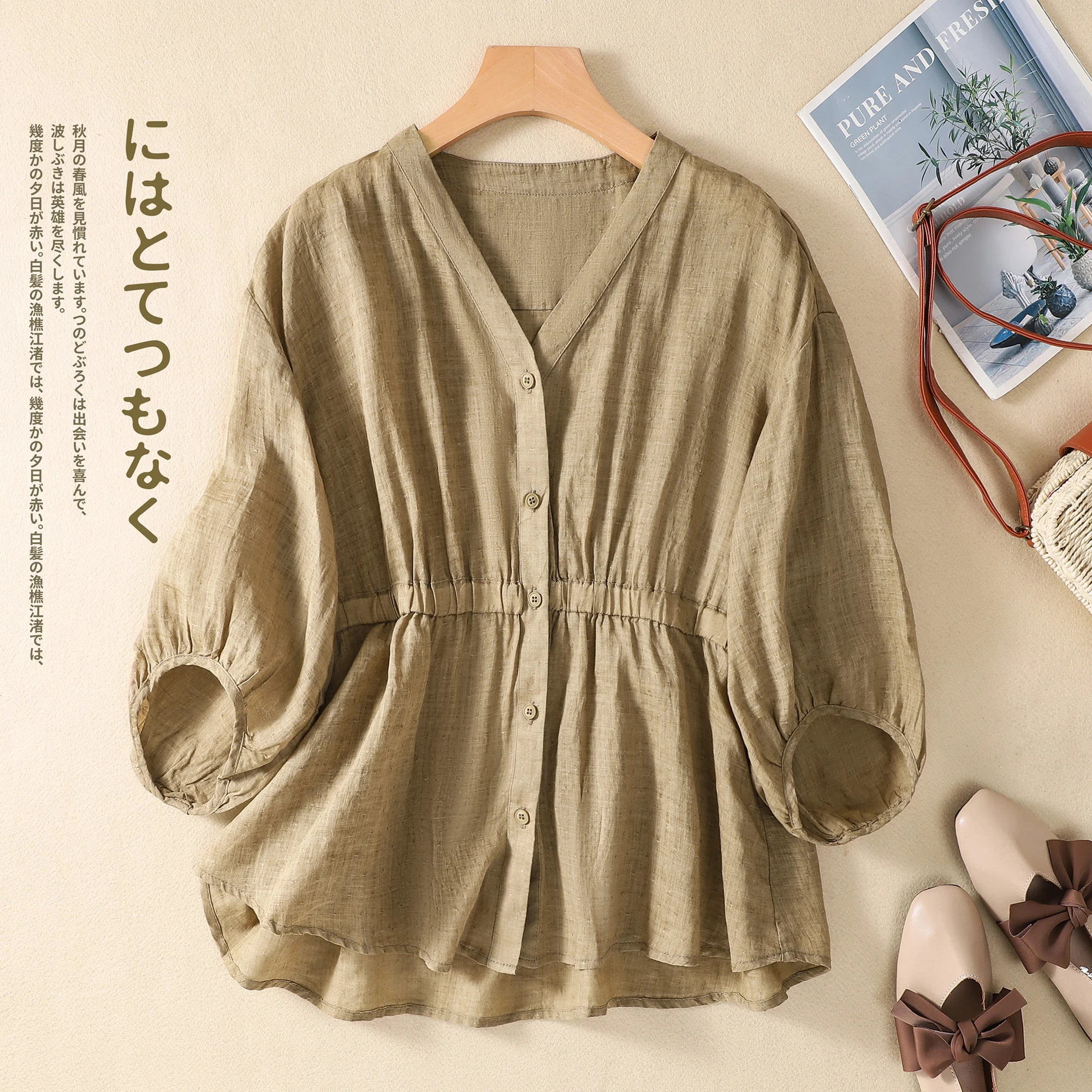 2024 Spring Summer Solid V-Neck Fasion Cotton Linen Blouse Shirt Button Elegant Office Ladies Women Casual Loose Tops Blusas