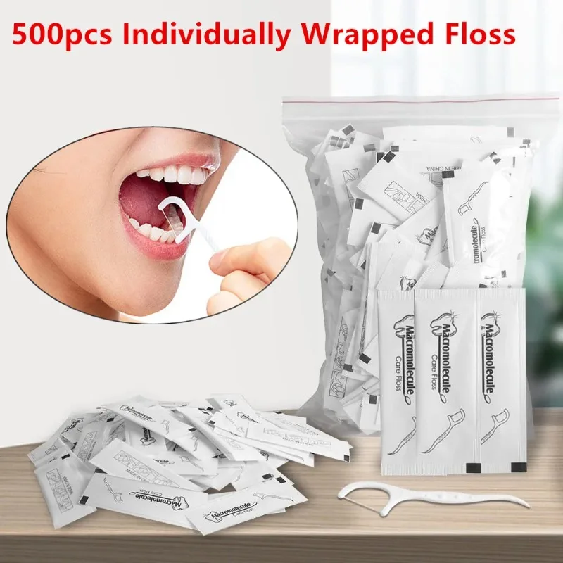 500pcs Dental Floss Toothpick Disposable Floss Picks Individually Wrapped Single Pack Teeth Cleaning Flossers Oral Hygiene Care