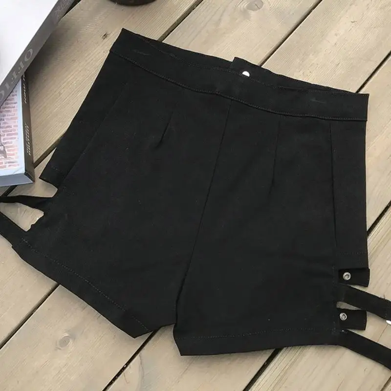 77HE 여성 고스 하이 웨스트 블랙 반바지 섹시 할로우 스트랩 메탈 버클 핫 팬츠