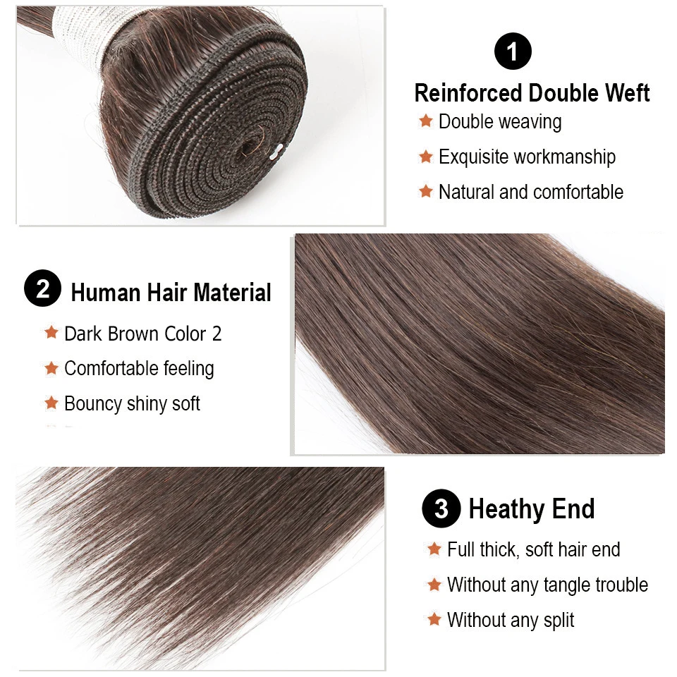 MOGULHAIR-Mèches de Cheveux Humains Remy Raides Bruns avec Fermeture, Extension de Cheveux Humains, Dentelle Transparente, Partie Libre, 10 ''-24'', 2/3 Bundles, 4x4