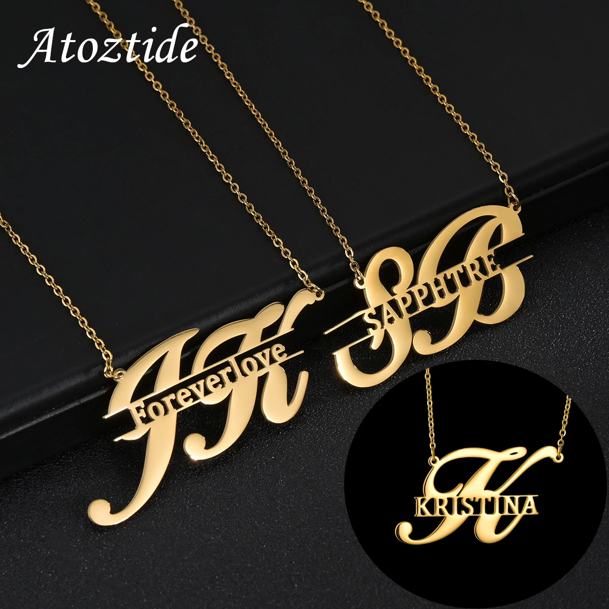 Atoztide Fashion Personalized Big Letter Name Pendants Necklaces Nameplate Jewelry Stainless Steel Custom For Men Women Gift