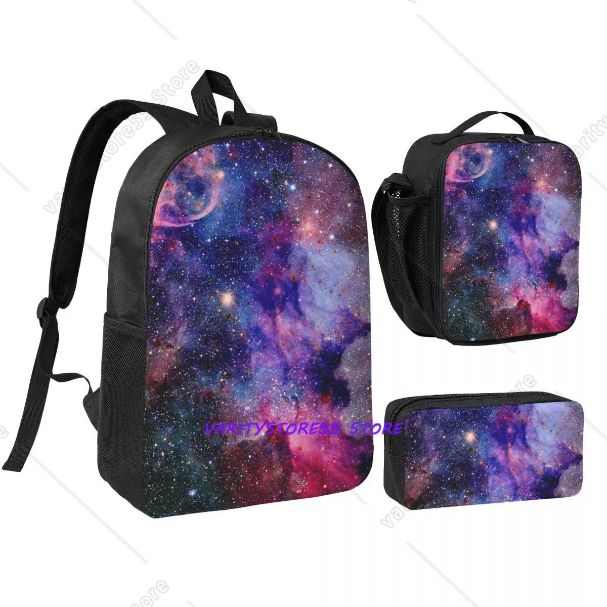 Purple Pink Galaxy Nebula Backpack Student BookBag School Bag Computer Shoulder Bags 3ps Insulated Lunch Bag Pencil Case