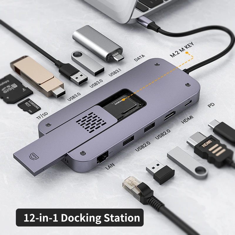 Type C USB C 12 in 1 USB Hub for M.2 SSD Case+PD+LAN+HD-MI+USB 2.0*2+USB 3.0*2+USB 3.1+DATA+SD+TF