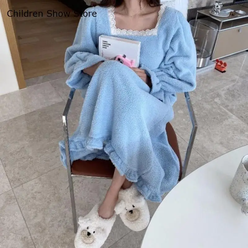 Winter Nightdress Big Size 3Xl 4Xl Home Dressing Gown Women Warm Fleece Sleepwear Loose Long Sleeve Flannel Nightgown Loungewear