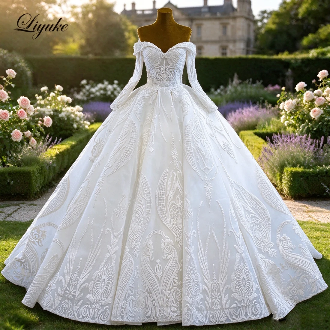 Liyuke Custom Made Exquisite Off The Shoulder Long Sleeve Lace Ball Gown Wedding Dress With Corset Gorgeous Bridal Gown