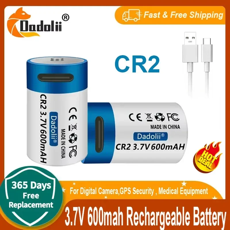 NEW 3.7V CR2 600mah Rechargeable Li-Ion Battery for Digital Camera,GPS Security , Medical Equipment USB Fast Charging Port Cable