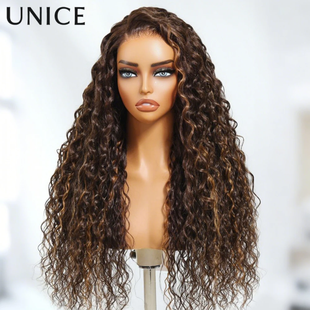 UNice gorro con cordón 7x5 precortado peluca sin pegamento prearrancada cabello humano marrón con reflejos castaños peluca ondulada de agua 150% de densidad