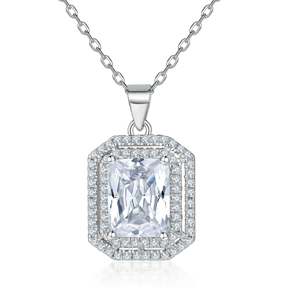 

S925 pure silver plated 18K gold PT950 platinum necklace fashionable rectangular gemstone square diamond pendant accessory