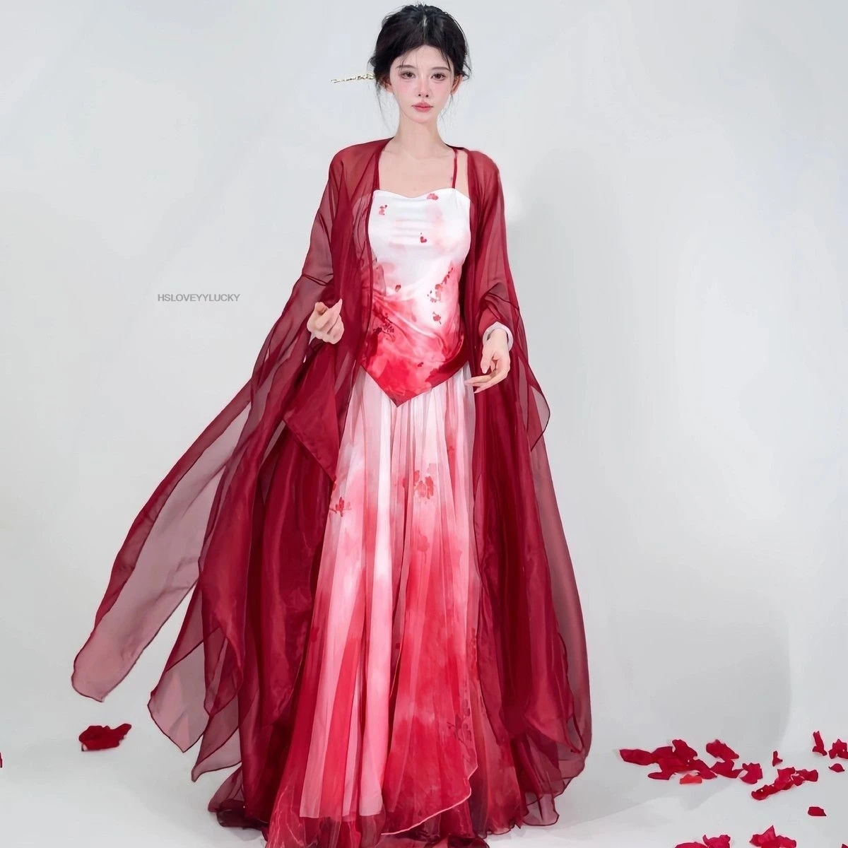 

Classical Dance Costume Red Flowing Gauze Dress Big Swing Skirt Women Folk Dance Fairy Hanfu Dress Set Chinese Style Hanfu Dress