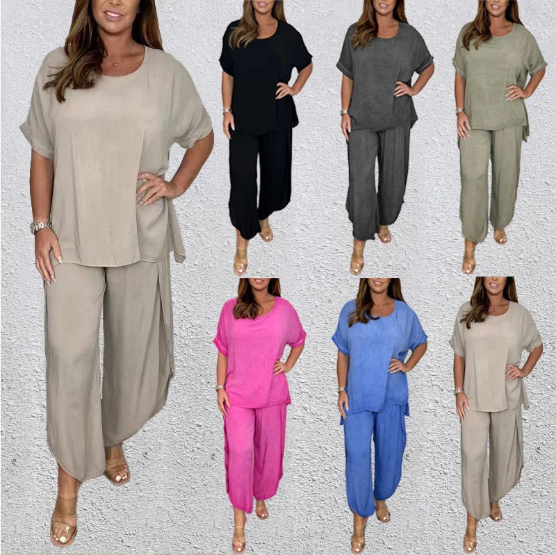 Two Piece Set Women Pant Sets Loose Casual Y2k Round Neck Short Sleeve Tops Wide Leg Trousers Office Lady Elegant Slight Strech