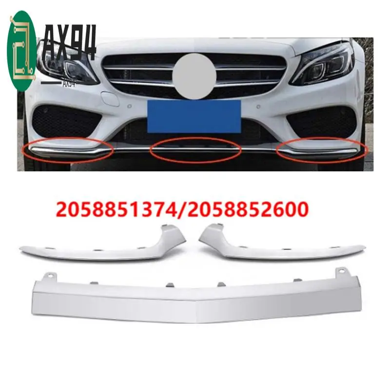

AX94-3Pcs Front Bumper Lower Lip Splitter Chrome Trim Strip For Mercedes-Benz C-Class W205 2058851474 A2058851574 A2058852500