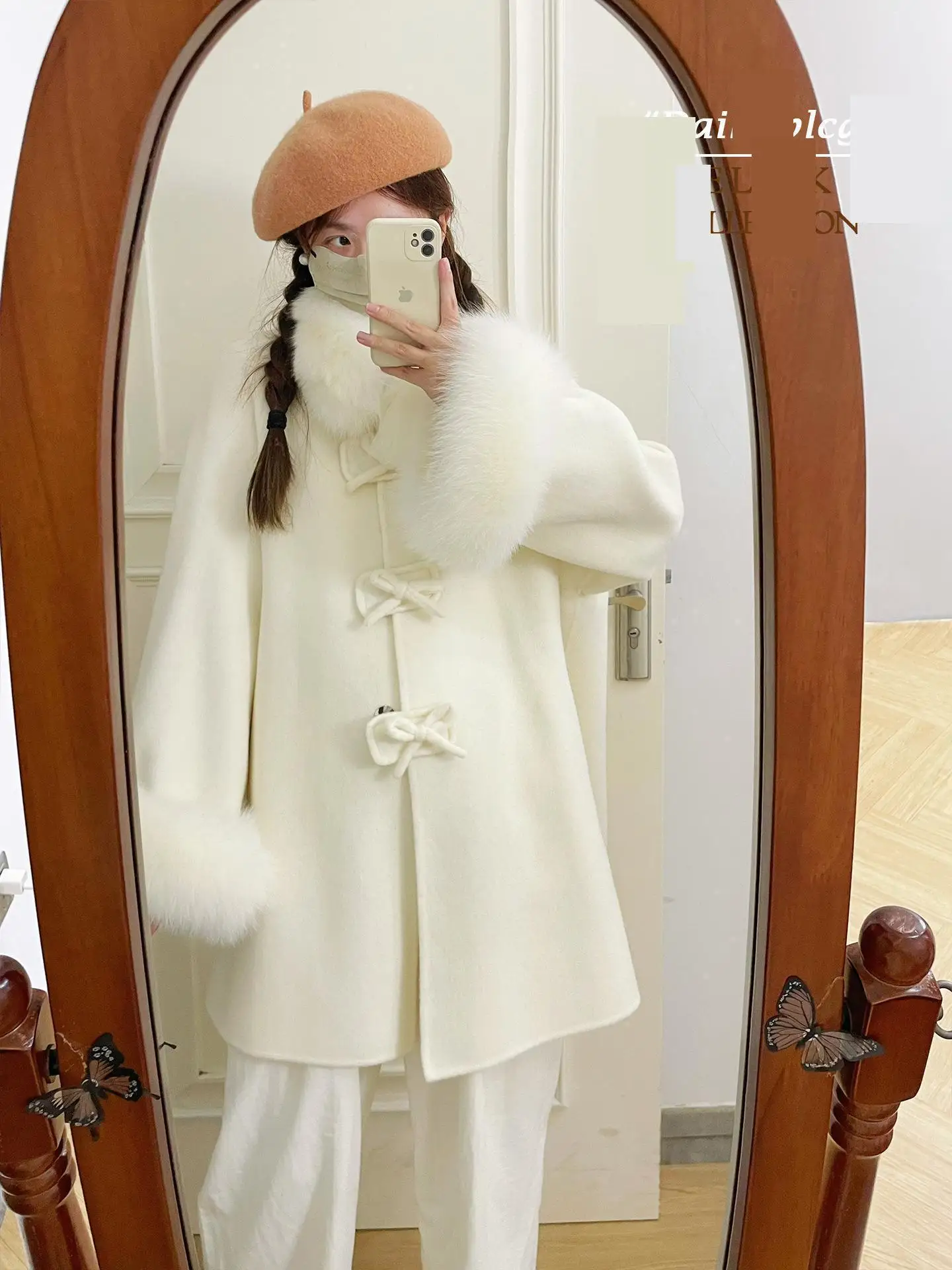 المرأة الخريف الشتاء الفاخرة 100% معطف الصوف سيدة أنيقة الثعلب الفراء طوق الأصفاد طويلة الأكمام فضفاضة الصوف أبلى #2