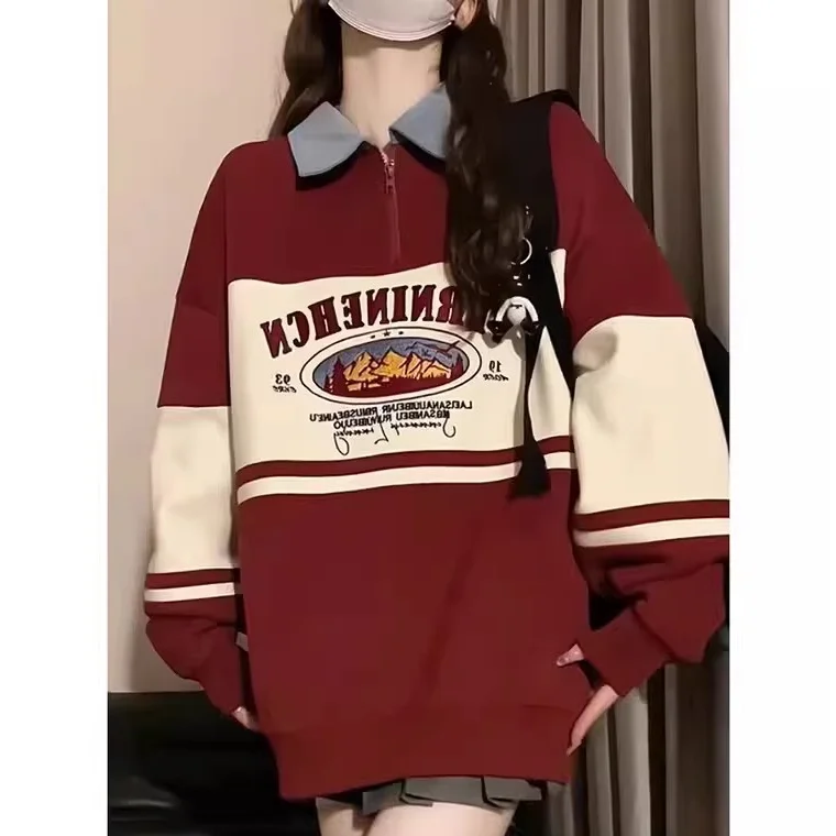 

Ретро-американский свитшот на молнии, свободный крой, большие размеры, для пар, осенняя новинка, повседневный, милый стиль