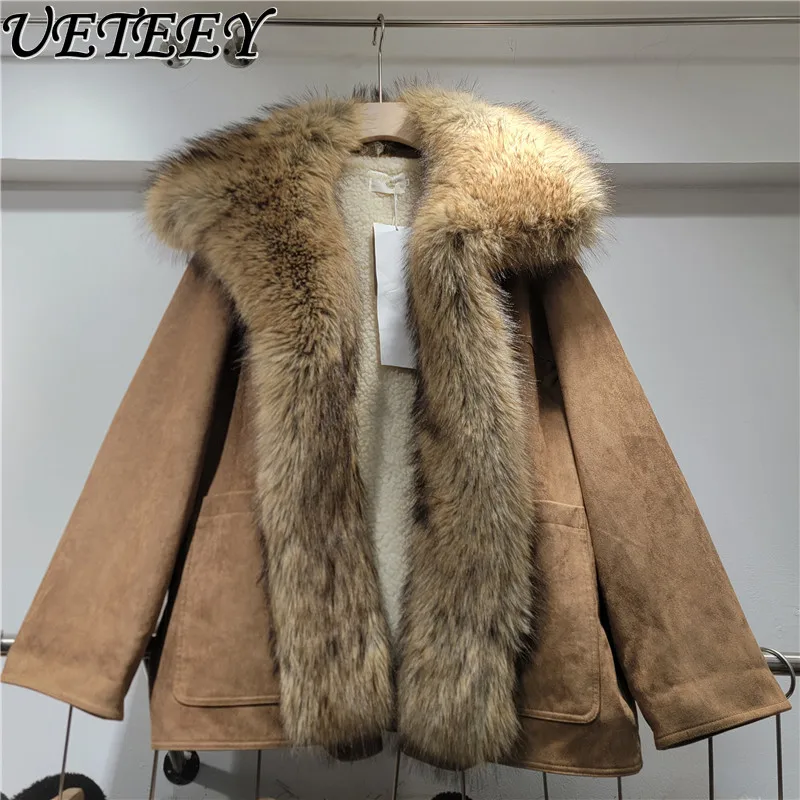 معطف قطني من جلد الغزال البني الأمريكي للنساء لخريف وشتاء معاطف جديدة من الفرو الصناعي بياقة متكاملة أنيقة ودافئة وسميكة