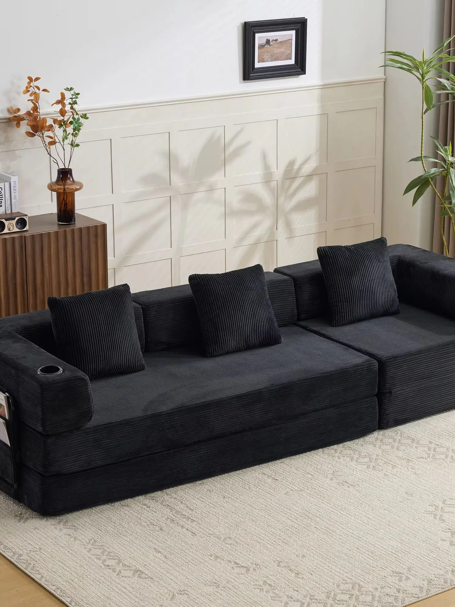 Schwarzes modulares, wandelbares Cord-Bodensofa, frei kombinierbare modulare Eckcouch mit Getränkehalter und Aufbewahrungstasche, vakuumkomprimiertes, faltbares Lazy Sofa, kein Aufbau erforderlich,