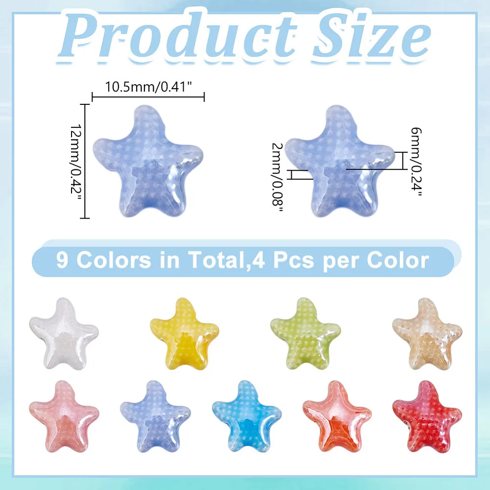 36Pcs 9 Colors Starfish Beads Bulk 12mm Cute Porcelain Starfish Crafts Bead Sea Star Ceramic Spacer Loose Beads for Summer DIY