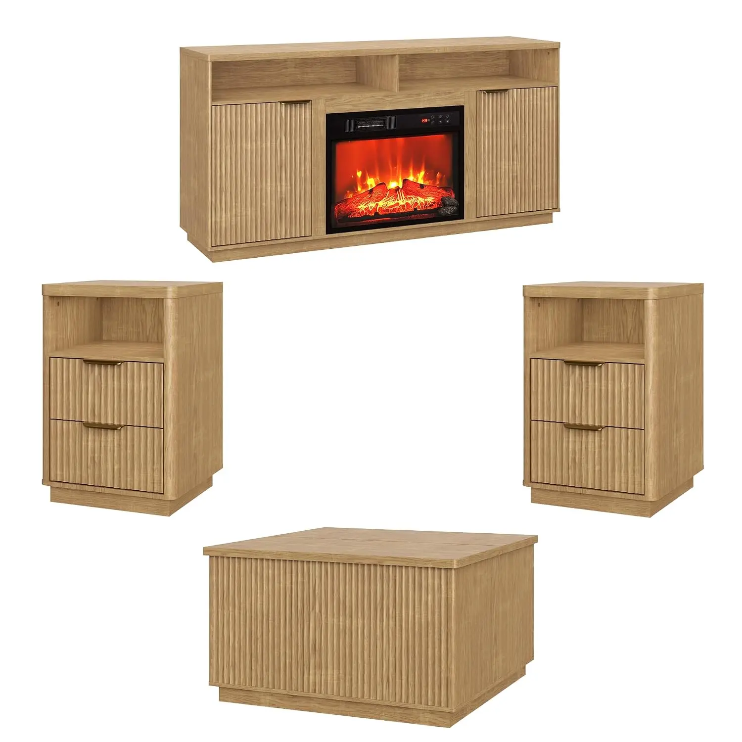 Fluted 4-Piece Living Room Set Lift Top Coffee Table Fireplace TV Stand 70