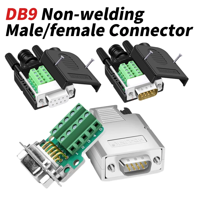 Metal Shell DB9 RS232 Connector D-SUB 9-pin Solder-free Male Female COM Serial Port Plug DB 9Pin Breakout Terminal Connectos
