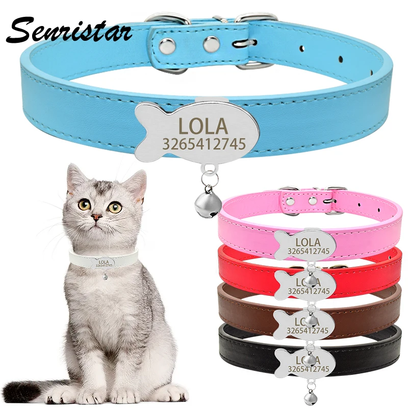 Cat Collar Bell Custom Nameplate Cat Collar Personalized ID Name Tag Cat Collar PU Leather Pet Kitten Cat Collar Necklace Belt