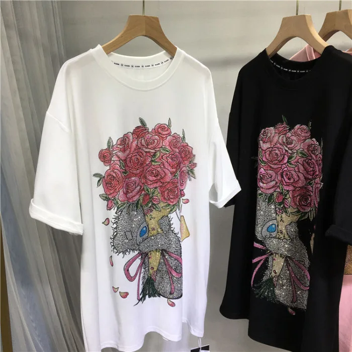 L-4XL Plus ขนาดลําลอง T เสื้อผู้หญิง Florals Rhinestone ฤดูร้อนแขนสั้นหลวม Tops เสื้อผ้าสตรีана Ж