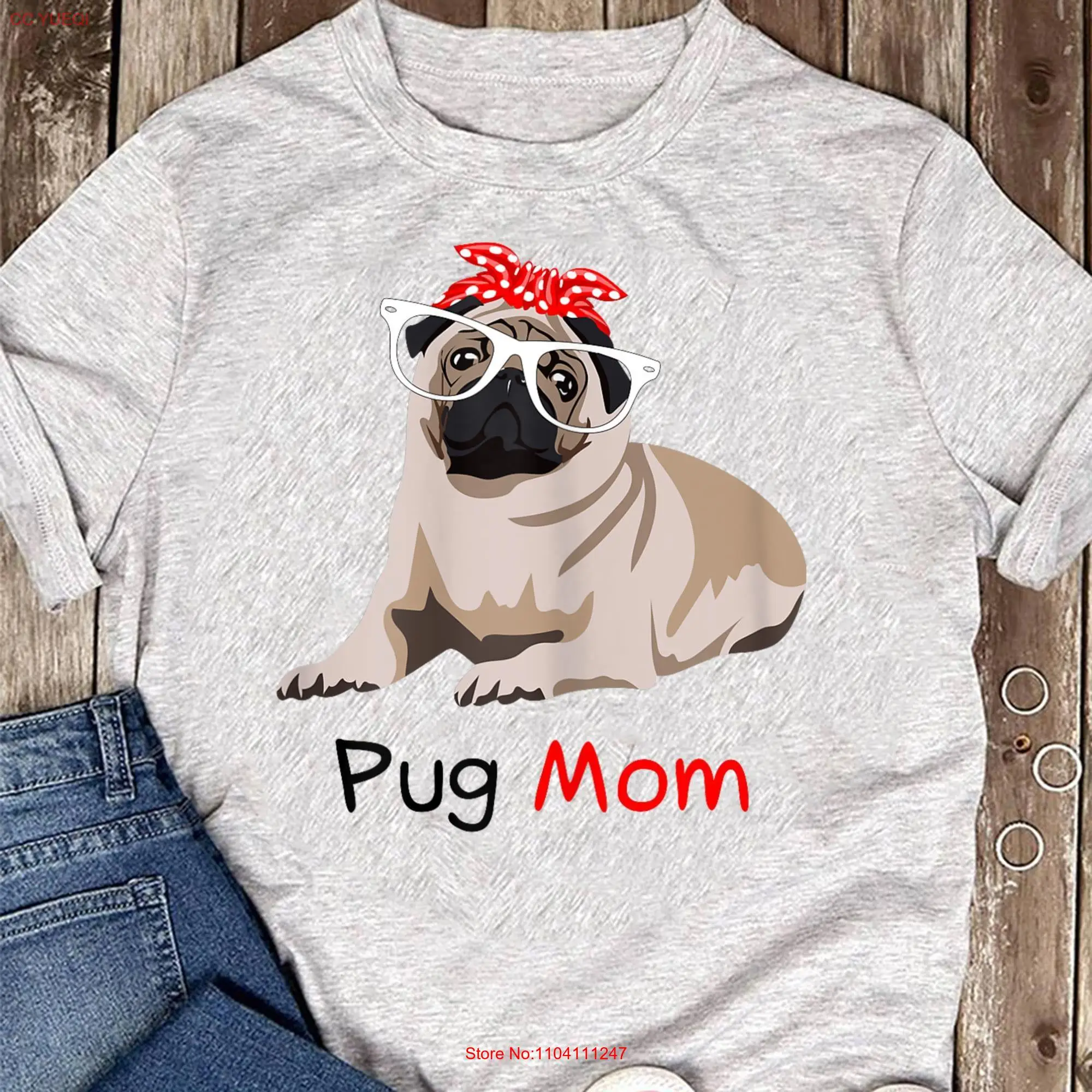 Pug Mom Dog Bandana Pet Lover Womens T Shirt for Lovers Funny Mother's Day long or short sleeves