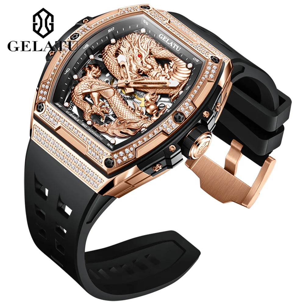 GELATU Man Watch High-end Luxury Silicone Strap Tonneau Men's Watches Diamond Bezel Hollow Out Automatic Mechanical Dragon Watch