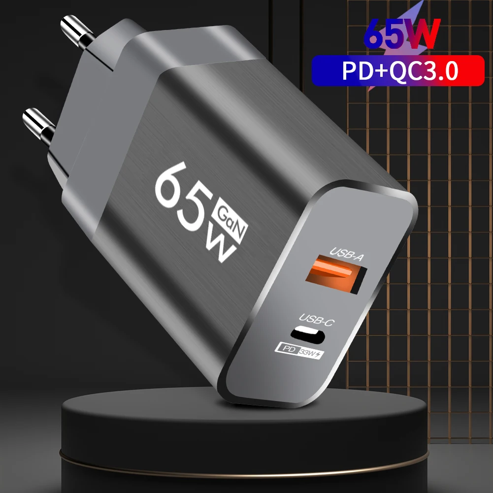 65W USB GaN Dual Ports Charger 2 In 1 Type C QC3.0 Fast Charging Wall Charger Portable EU/US Plug Quick Charging Power Adapter