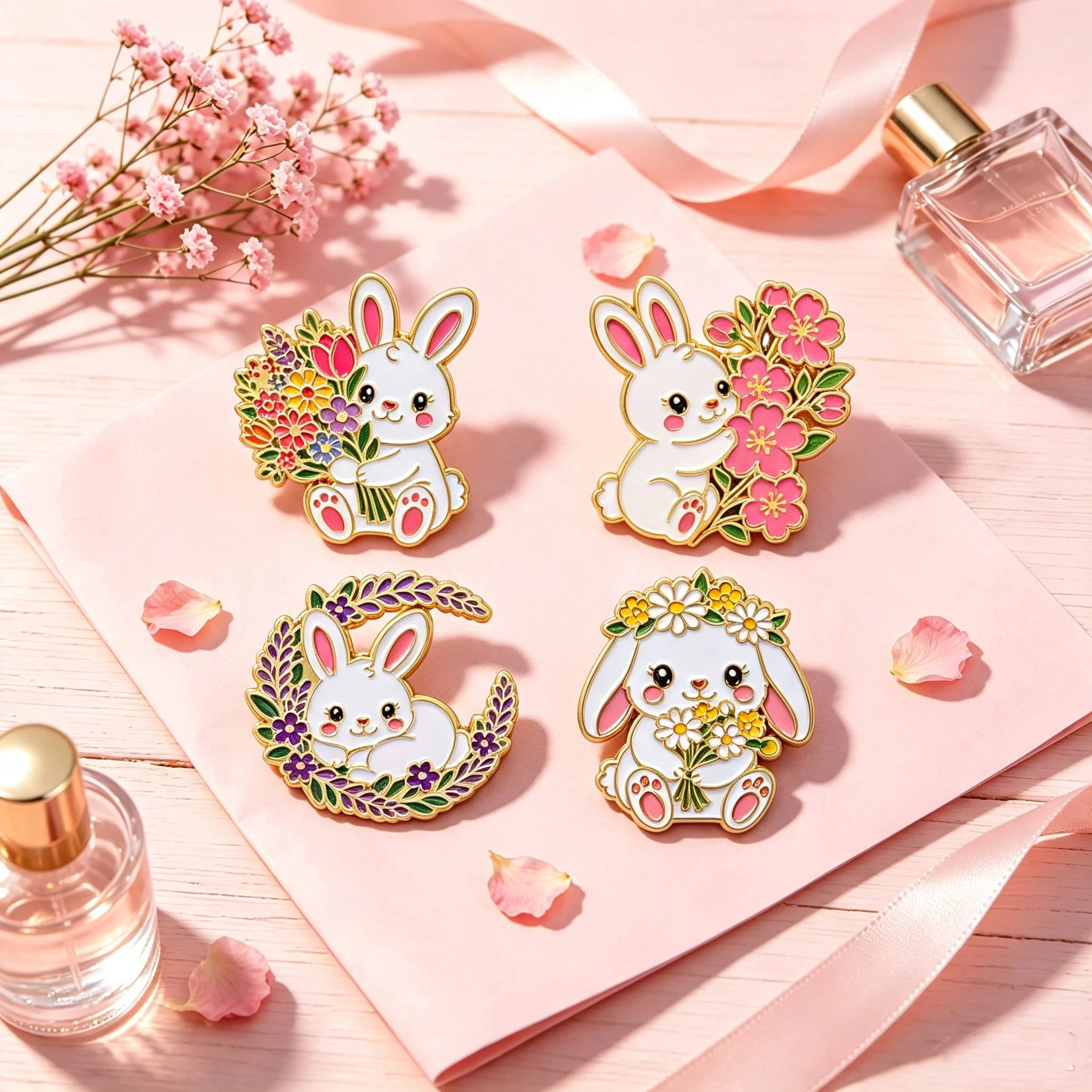 4-teiliges Set Kawaii Weißer Hase Emaille-Pin Blumenstrauß Anstecknadeln Abzeichen für Rucksack Kleidung Accessoires Mode Schmuck Geschenke