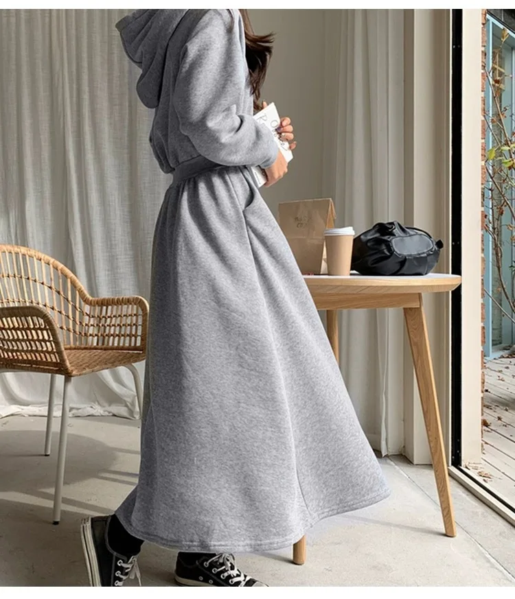 Koreanischer Stil, Herbst-Winter-Kapuzen-Sweatshirt-Kleid, Übergröße, tailliert, einfarbig, langes Kleid für Studentinnen und Frauen, lässig – Detail 14