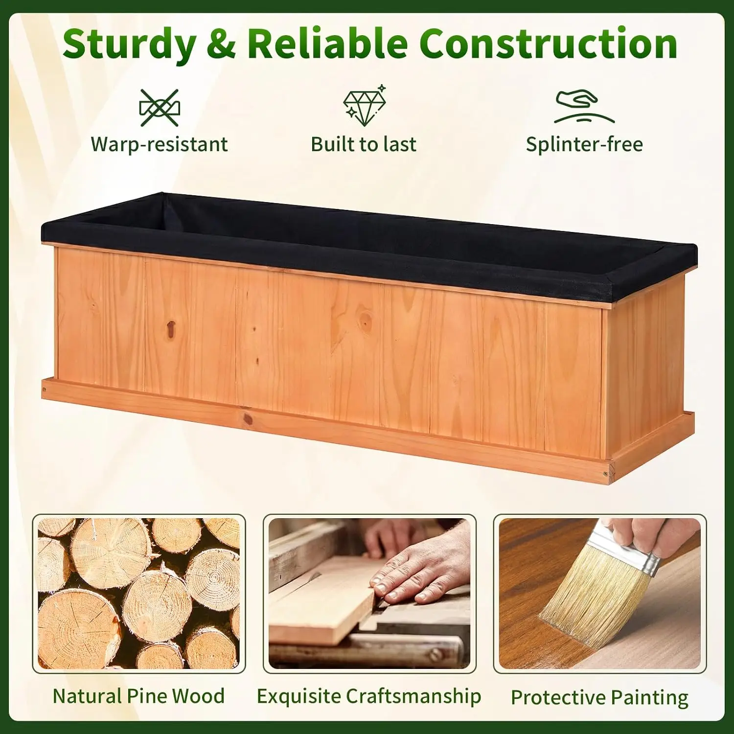 Wooden Raised Garden Bed with Drainage Holes & Liner, 2 Pieces Solid Fir Wood Planter Box for Flower Vegetable Herb, Outdoor