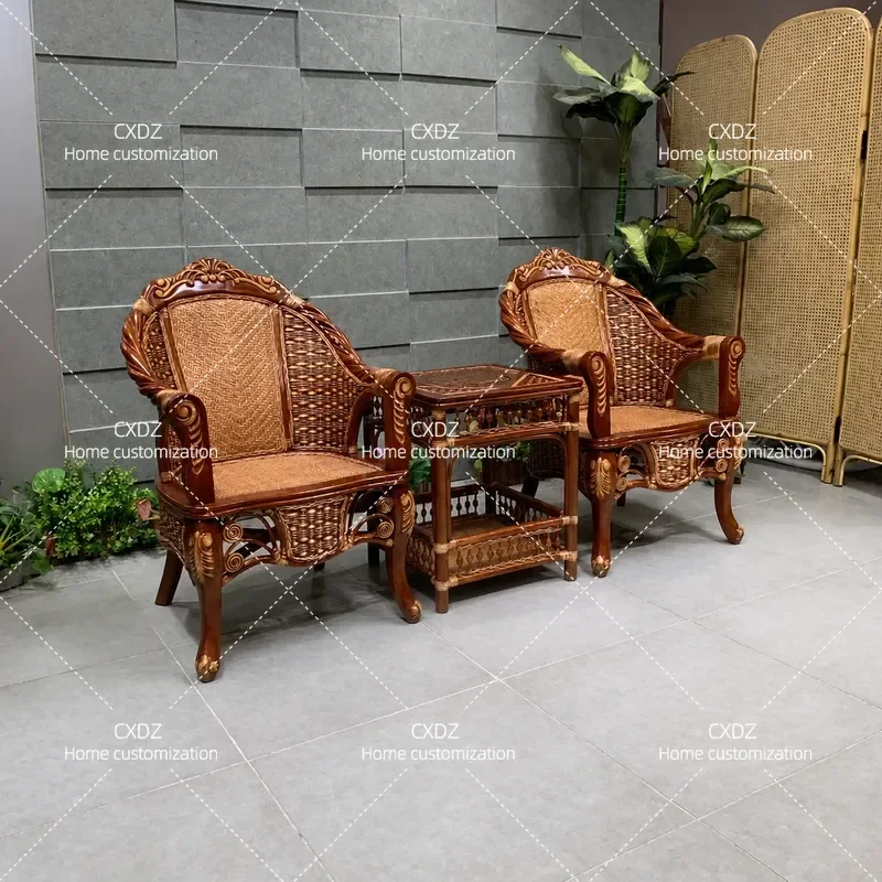Natural Real Rattan Chair 3 Piece Set Balcony Table and Chair Coffee Table Combination High End Woven High Backrest Armchair