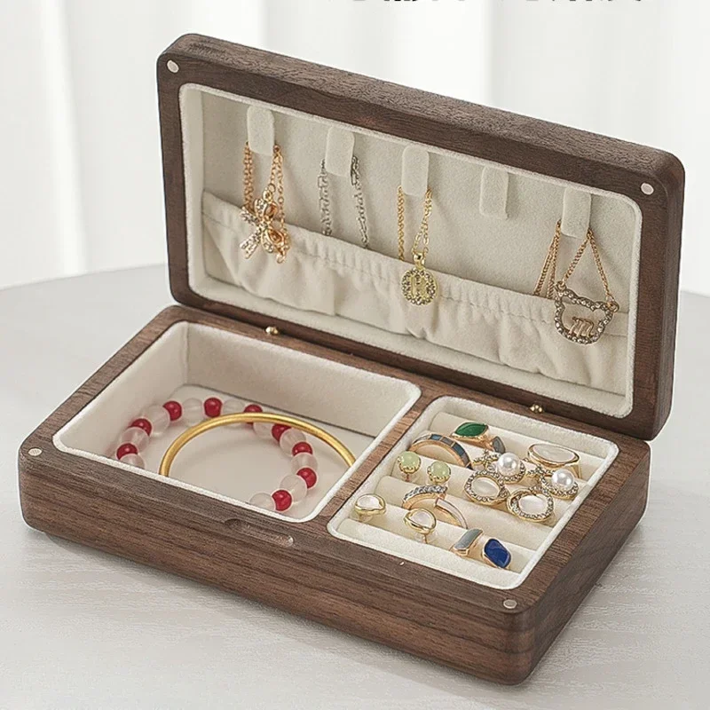 Discount Black Walnut Jewelry Storage Box Small Exquisite Necklace Earring Ring Portable Business Travel Organization Bins