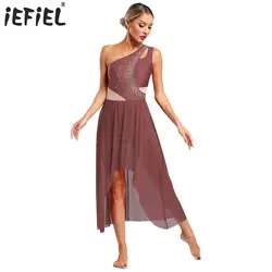 Womens Ballet Lyrical Dance Dress Ballerina Costume Rhinestones One Shoulder Sleeveless Cutout High-Low Flowy Dress Dancewear