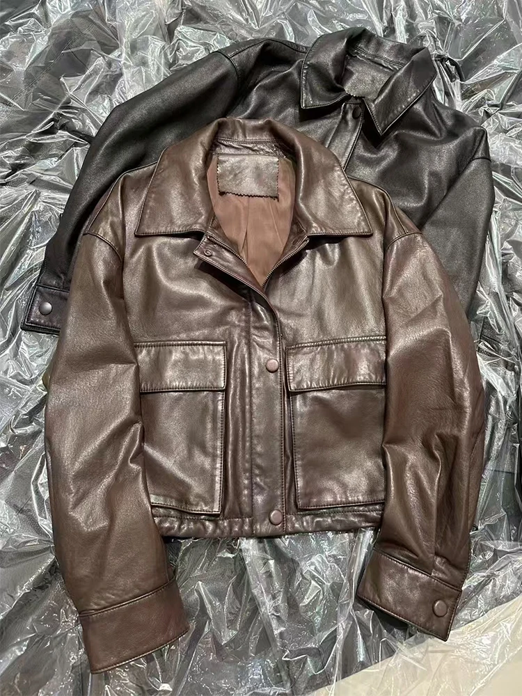 女性春本物のシープスキンレザージャケットファッションクラシックブラックルースリアルレザージャケットコート