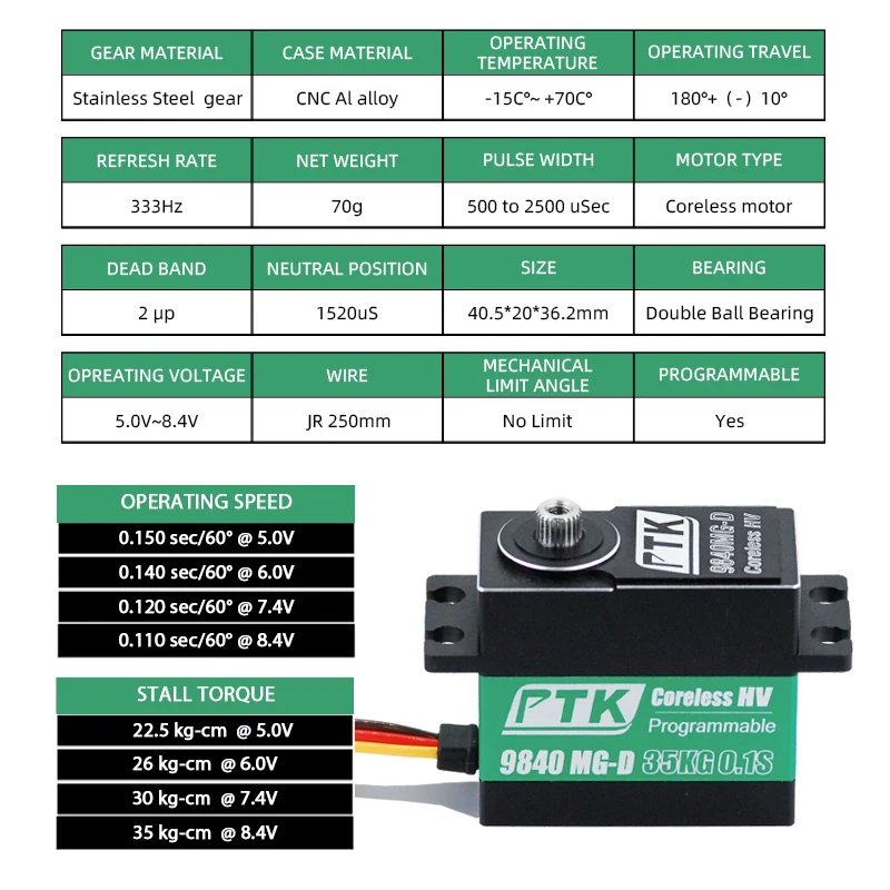 PTK 9840 HV Pressure Metal Digital Waterproof Servo Metal Gear 35kg RC Car Model Ship Model RC Aircraft Model