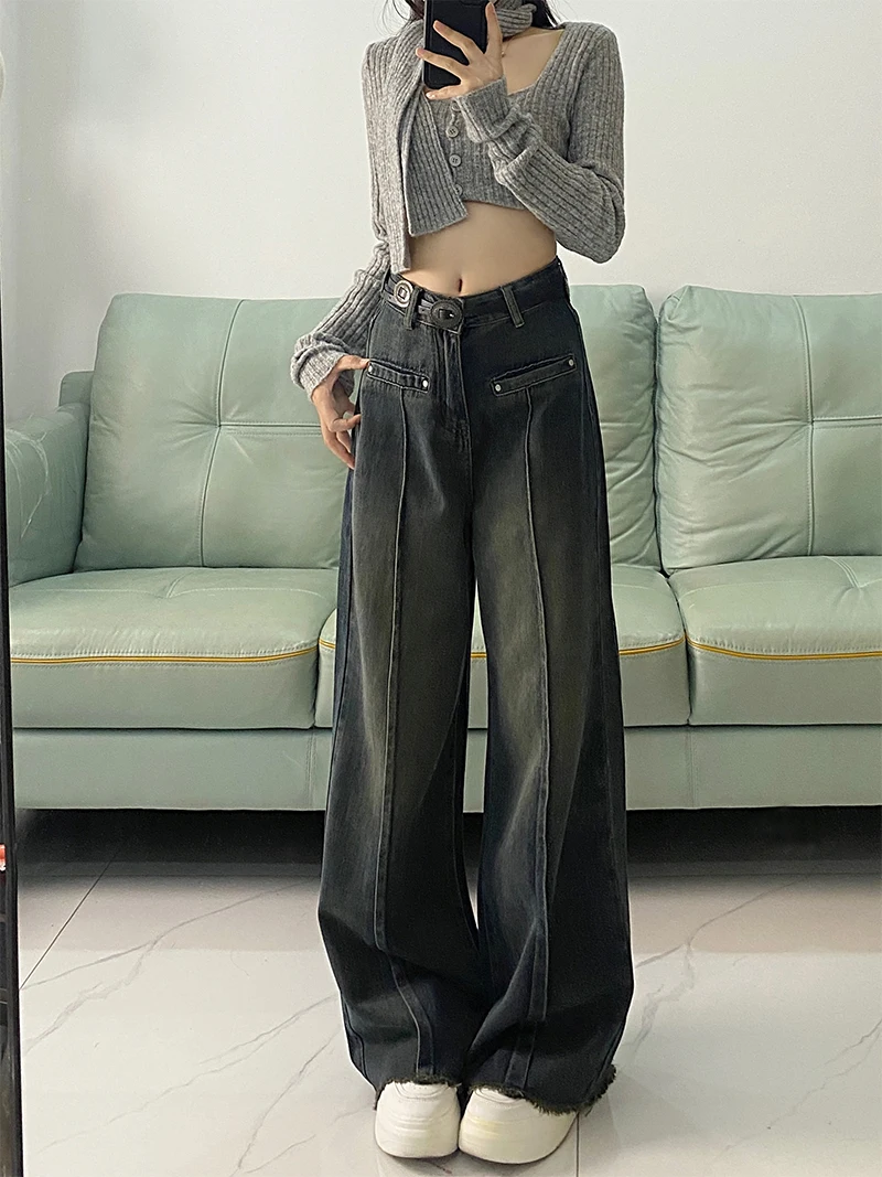 Czarne jeansy damskie plisowane denimowe Y2K moda koreańska Harajuku styl vintage boyfriend baggy luźne oversize damskie casual