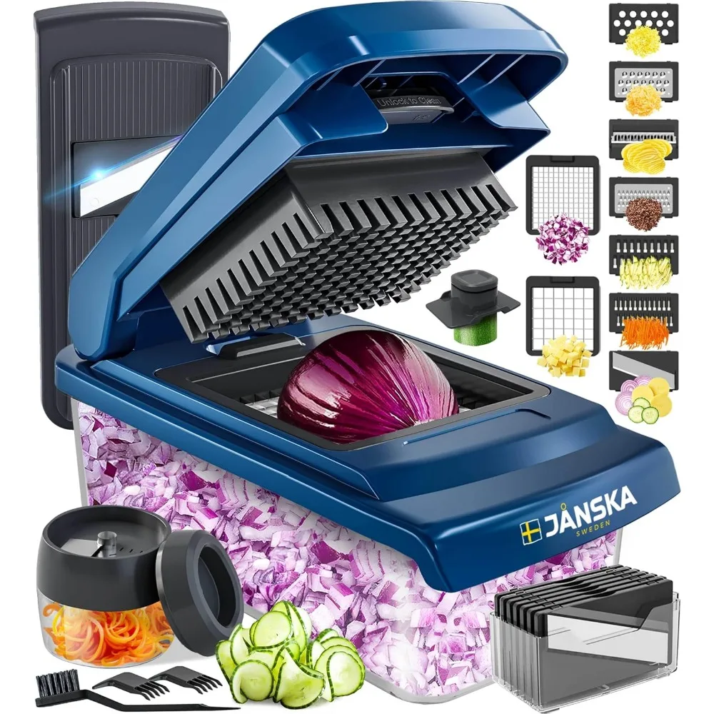 

12-Blade Heavy Duty Vegetable Chopper, Spiralizer, Mandoline Slicer, Onion Mincer, French Fry Cutter - Blue Kitchen Gadget