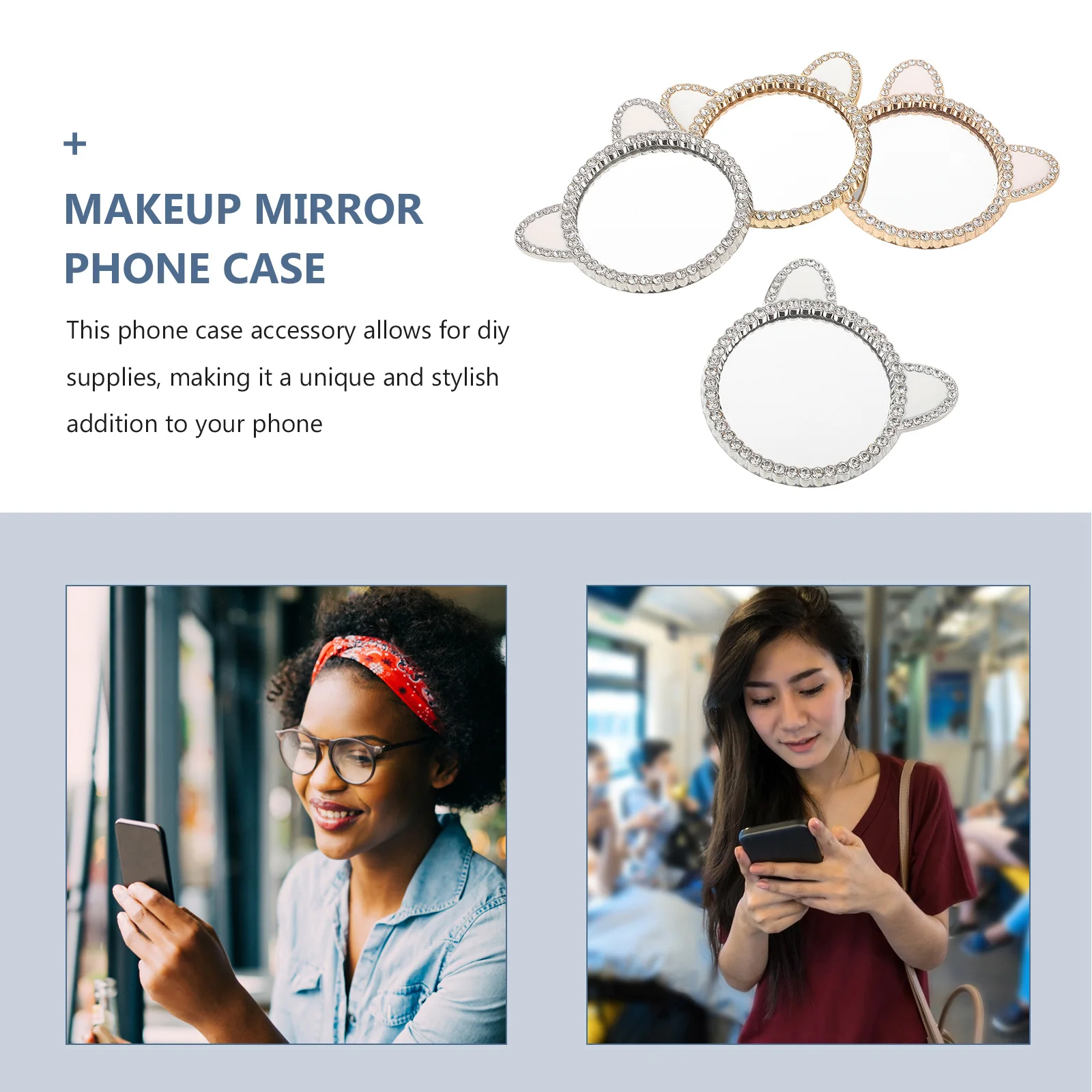 4 قطعة جراب هاتف بلينغ مرآة DIY اكسسوارات لطيف آذان الأرنب القط الزخرفية الهاتف الخليوي صورة شخصية مرآة للمكياج #3