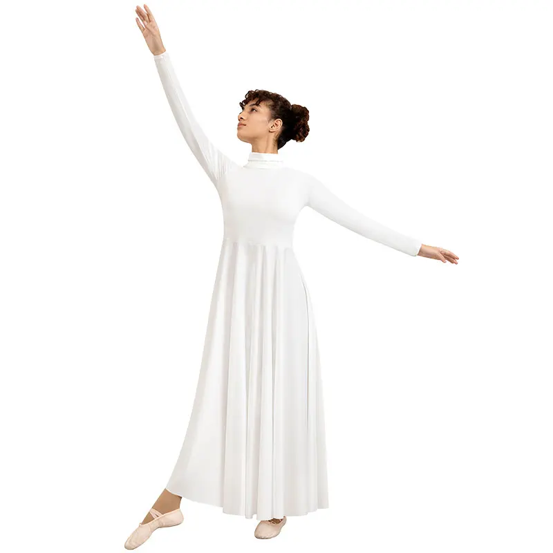 Women Praise Dance Dress Loose Fit Full Length Long Sleeve Worship Liturgical Costume with Free Cropping and Folding High Neck