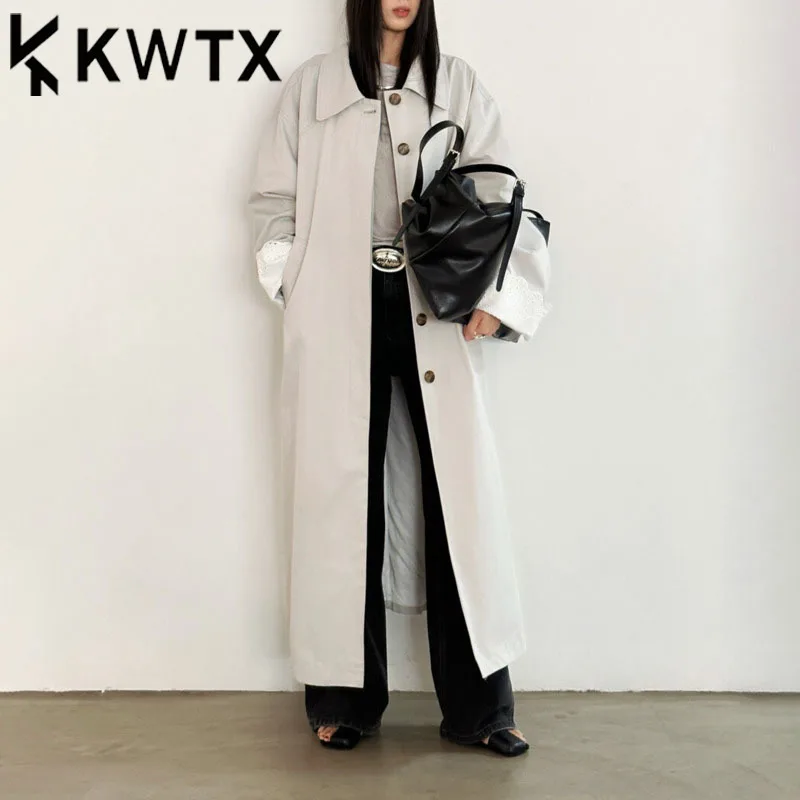 

KWTX Women’s Lace Trim Trench Coat Belted Pockets Casual Elegant Slim Fit Light Luxury Spring Summer 2025 Solid Color