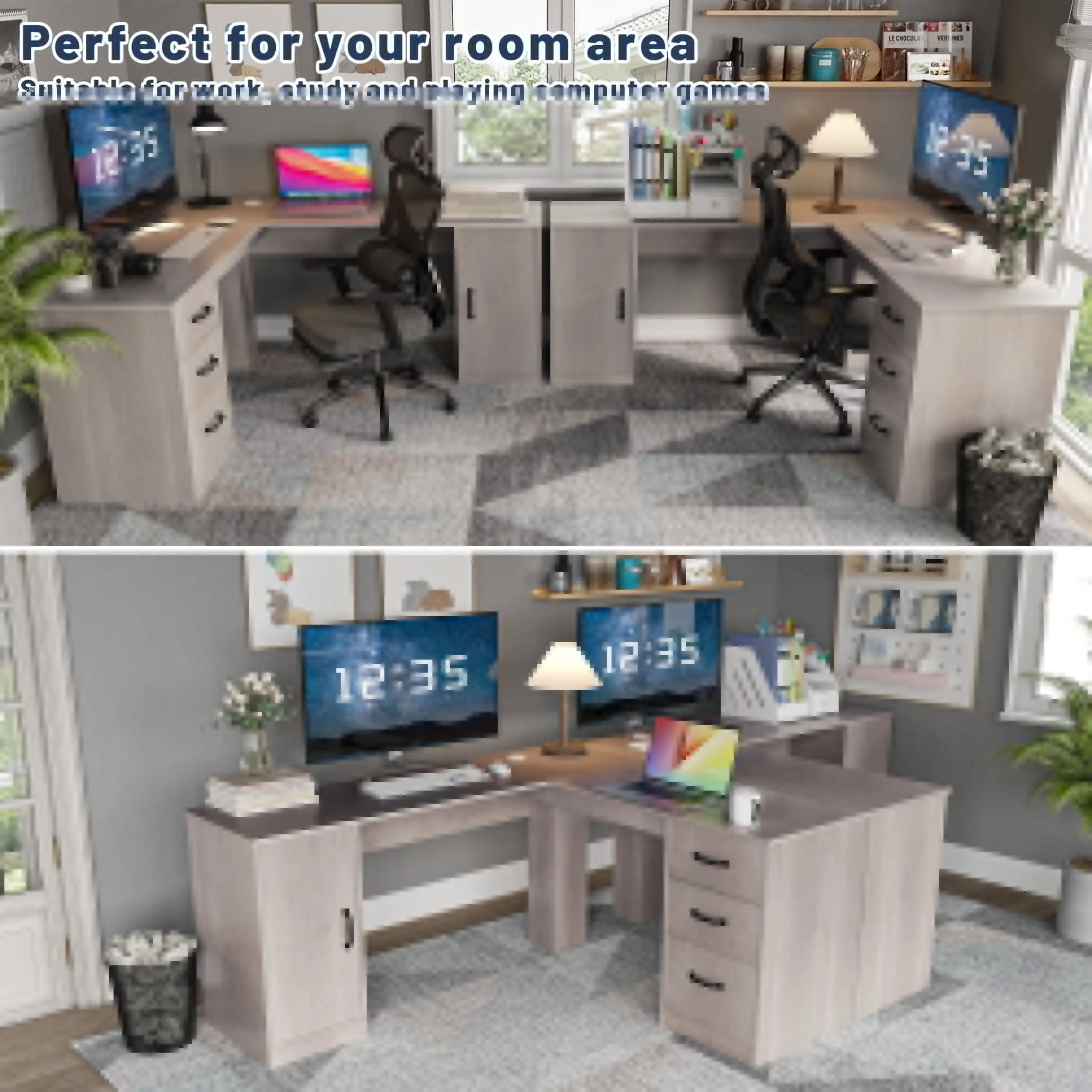 L Shaped Desk Corner Office Desk Computer Desk with Storage Cabinet & Drawers, Gray