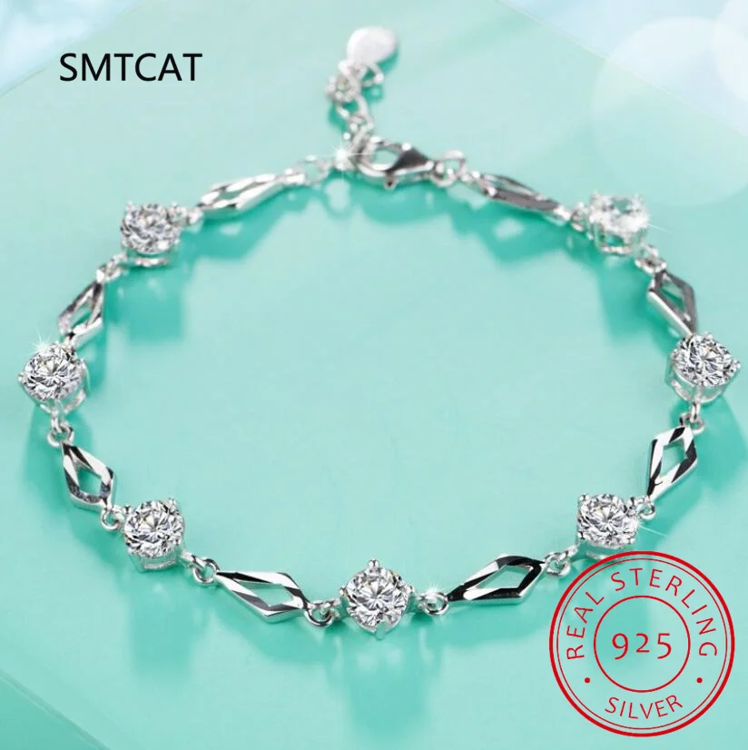 Solid 925 Sterling Silver Moissanite Tennis Bracelet for Women Lab Diamond Rhombus Bracelet for Engagement Party Gift