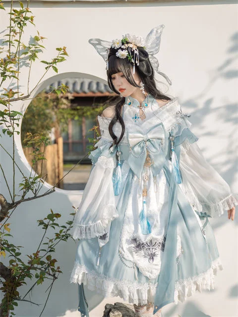 Original Chinese Style Bow Embroidery Lace Trimmed Puff Sleeves Lolita Dress Women Sweet Improved Cheongsam Hanfu Dresses